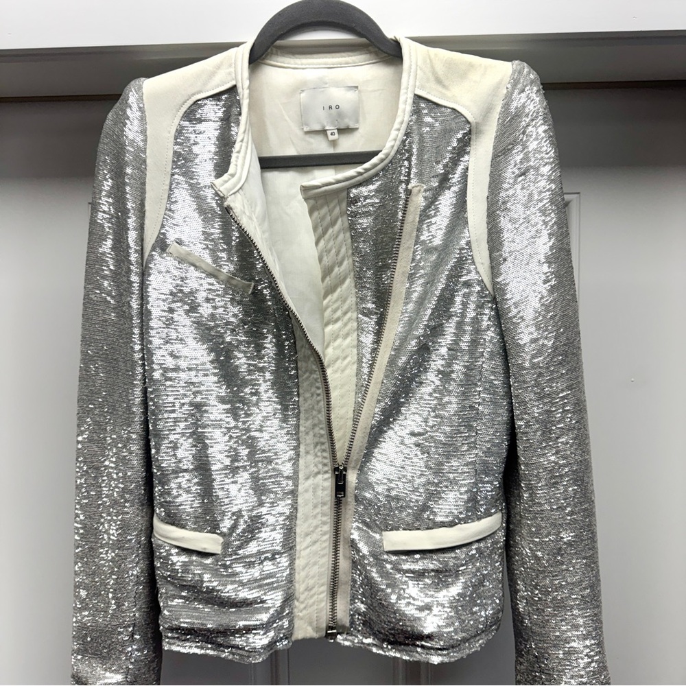 IRO Paris Silver Sequin "Hadley" Moto Blazer with White Leather - Picture 13 of 16